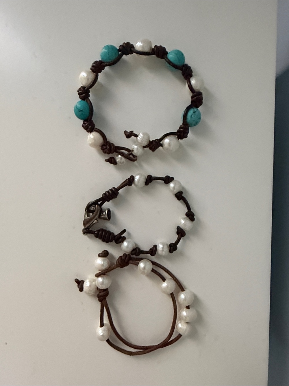Beaded Leather Wrap Bracelets - Turquoise & Pearly White - Set of 3